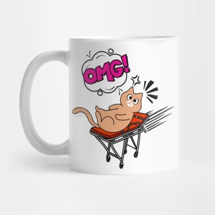 Funny orange Cat is on a runaway stretcher Mug